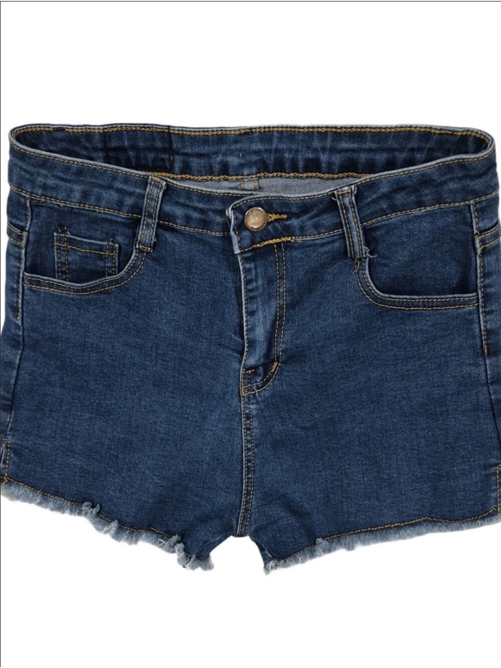 ShanShan Migh-Rise Distressed Denim Shorts Frayed Raw Hem Medium Wash
